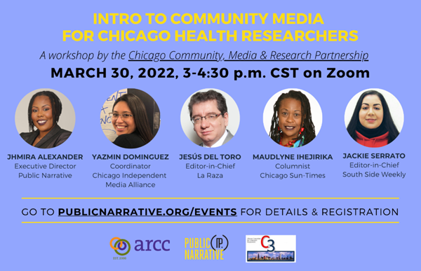 CCH_NU's tweet photo. Intro to Community Media for Health Researchers, a free workshop to teach health researchers & research partnerships how to engage community media when sharing their findings will be hosted by #ARCC, @PublicNarrative, #C3, & #CCMRP on 3/30.
Info here: https://t.co/rQOBXPlfya https://t.co/U2V42CLC0o