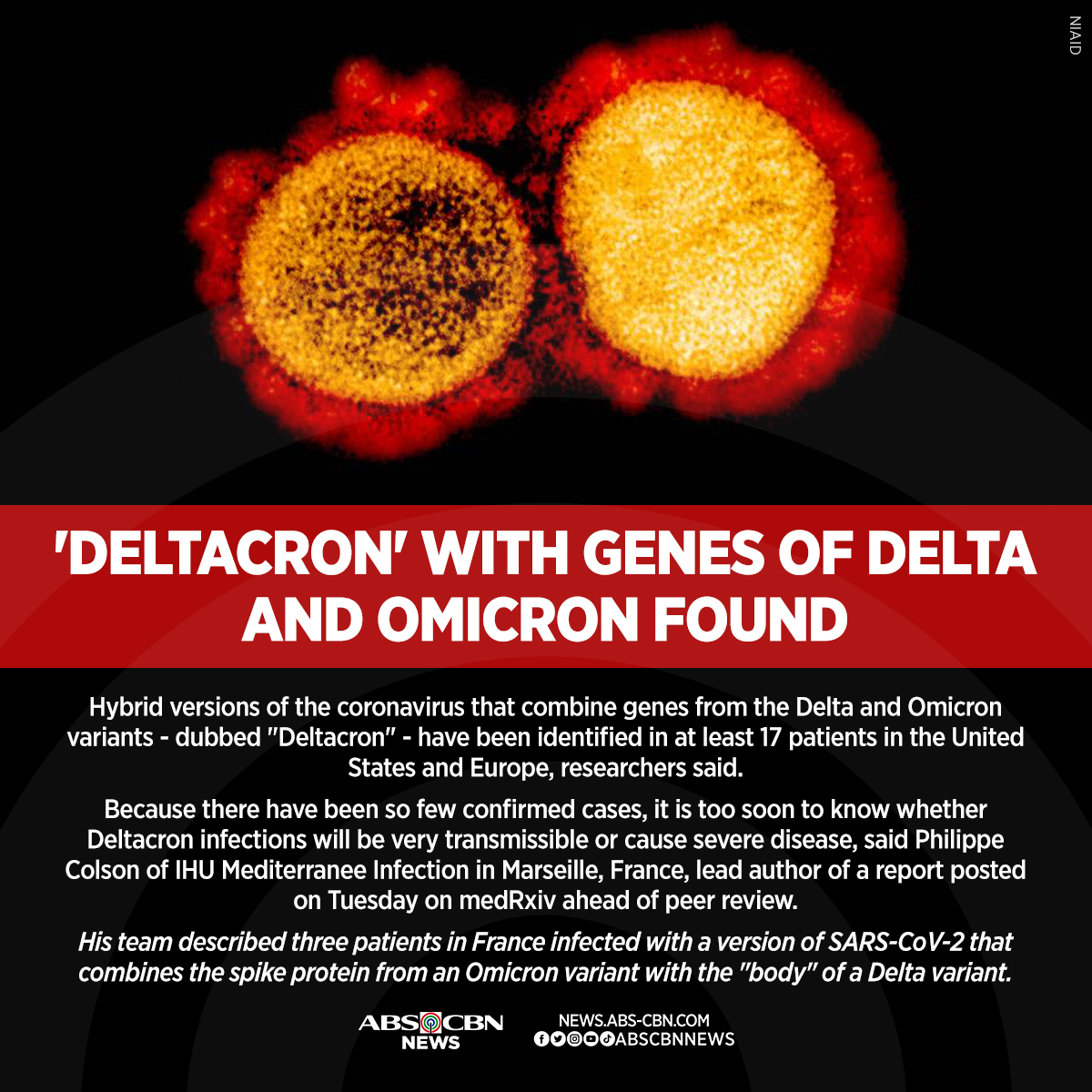 At least 17 patients from US and Europe tested positive for the hybrid coronavirus variant dubbed as "deltacron" — which is a combination of the spike protein of omicron and the "body" of delta. #COVID19

Read: news.abs-cbn.com/overseas/03/11…