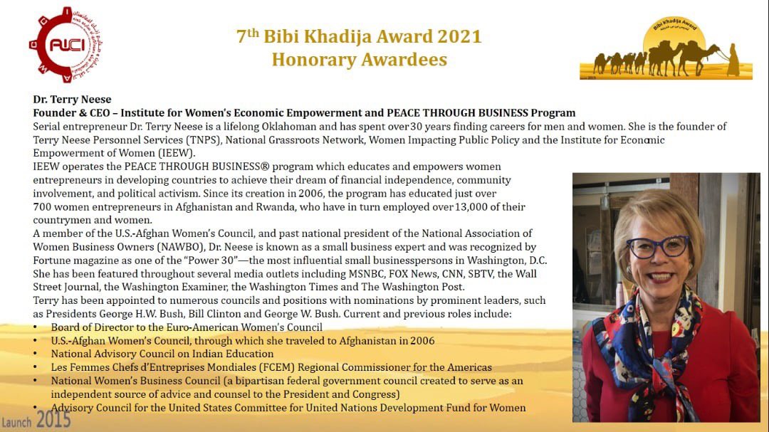 AWCCI2's tweet image. AWCCI recognized Dr. Terry Neese @TerryNeese1 for her service to Afghan women for 16 years. She is the founder and CEO of @ieew_ptb and PEACE THROUGH BUSINESS. So far trained over 600 Afghan businesswomen from over 17 provinces. Congratulations Dr. @TerryNeese1