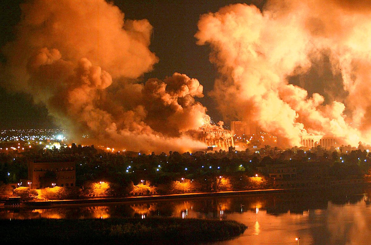 brucefenton's tweet photo. “Shock and Awe” we called it. The media and voters supported it, especially early on.
The air strikes went on for months.
Over 200,000 Iraqi civilians would die in this war.
Iraq had not attacked the US. Bin Laden was in Afghanistan and Pakistan, 800 miles away,
(March 19, 2003) https://t.co/vlg9r1Xf7R