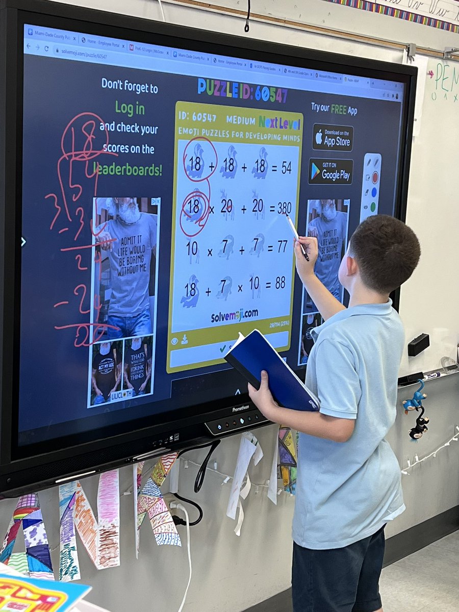 V_Llera_Acosta's tweet photo. Our @solvemoji champ loves to explain how he solved our weekly puzzle! These puzzles challenge our students and they love the opportunity to explain it to their classmates! #ourfuture #mathkids #teachertwitter #solvemoji https://t.co/eGOma932gN