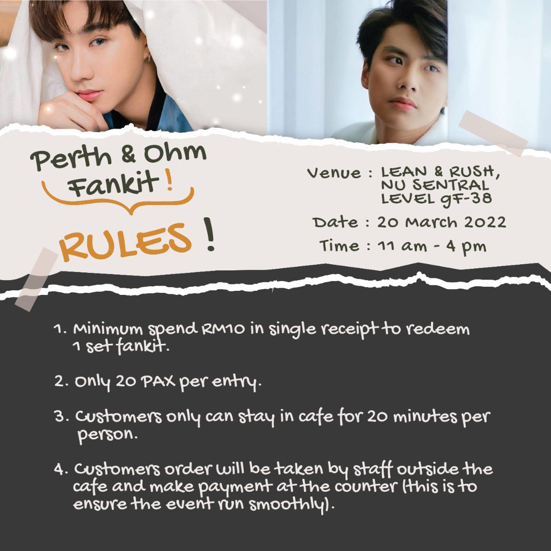 TheQueenDila's tweet photo. Fankit Birthday Event for :

✨ Perth Tanapon and Ohm Pawat ✨

Meet us at 
Place : Lean and Rush, Nu Sentral, KL
Date : 20/03/2022
Time : 11 am - 4 pm (or until fankit finish)

Fankit are limited to 100pcs!
Please follow the SOP ❤️
#PerthHBD2022
#OhmHBD2022 https://t.co/kQjl7agtJu