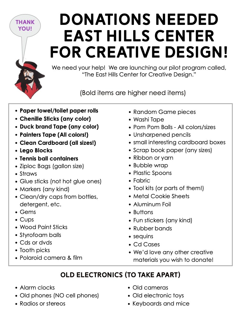 East Hills is excited to host a pilot program called, "The Center for Creative Design."  We are currently collecting donations for our new space.  The whole school is invited to use this creative space. Thank you!🙂 <a href="/EastHills4_8/">East Hills</a> <a href="/bhschools/">Bloomfield Hills Schools</a> #makermindset #DesignThinking