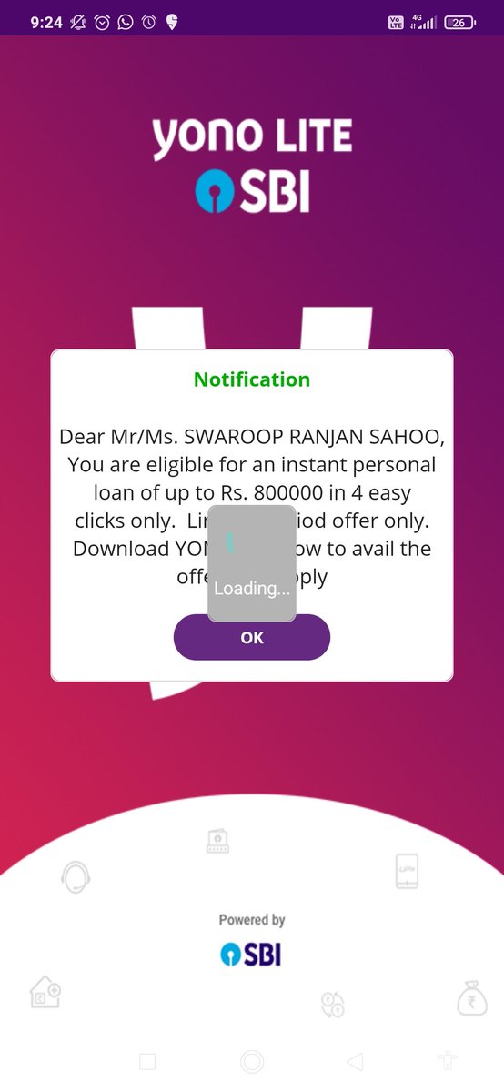 ashishjain1987's tweet photo. @YonosbiC @TheOfficialSBI getting notification for loan with different person name in every 20 second. What is this bug ?? Please stop it immediately. #SBI https://t.co/dILZSuSJ0u