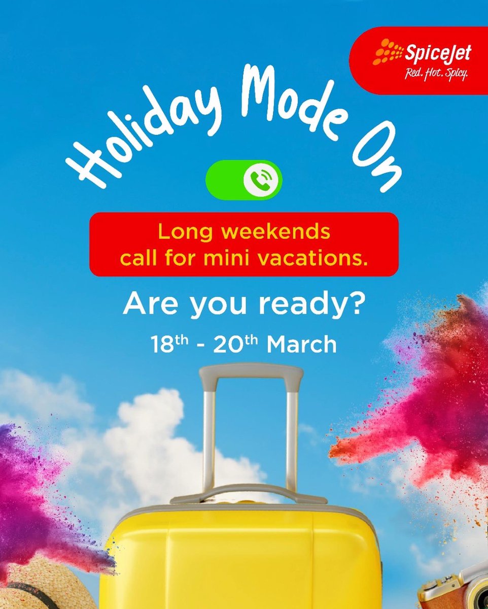 flyspicejet's tweet photo. Long weekend is almost here!
Tell us what’s your pick for the upcoming #Holi vacation in the comments below 👇.
Book tickets on https://t.co/PykmFjYcix and get going!
#SpiceJet #Holi #LongWeekend #PlanYourHoliday #FlyWithSpiceJet https://t.co/XhUOHupg97
