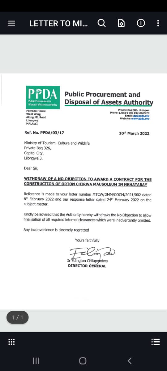 Government has done a U-turn on the invitation to award a contract for the construction of the Orton Chirwa mausoleum.

This comes after a social media outcry on the intended amount of expenditure which most faulted.