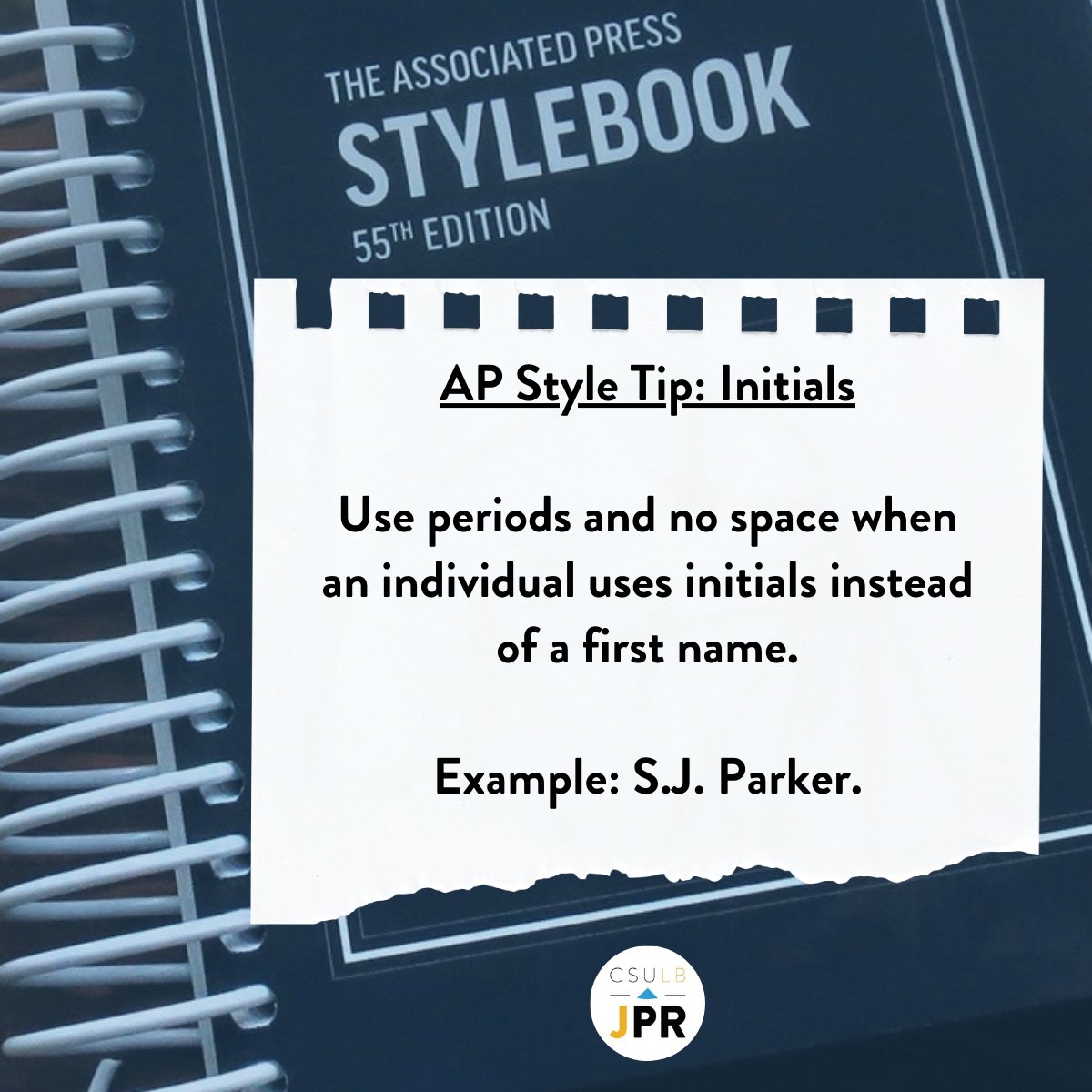 CSULBJPR's tweet photo. Hey Beach Fam! 🦈 Did you know? When someone uses initials instead of a first name, AP Style says to capitalize the letters, and use periods with no space in between.

#csulb #csulbjpr #apstyletip https://t.co/xTM4gZvwpY