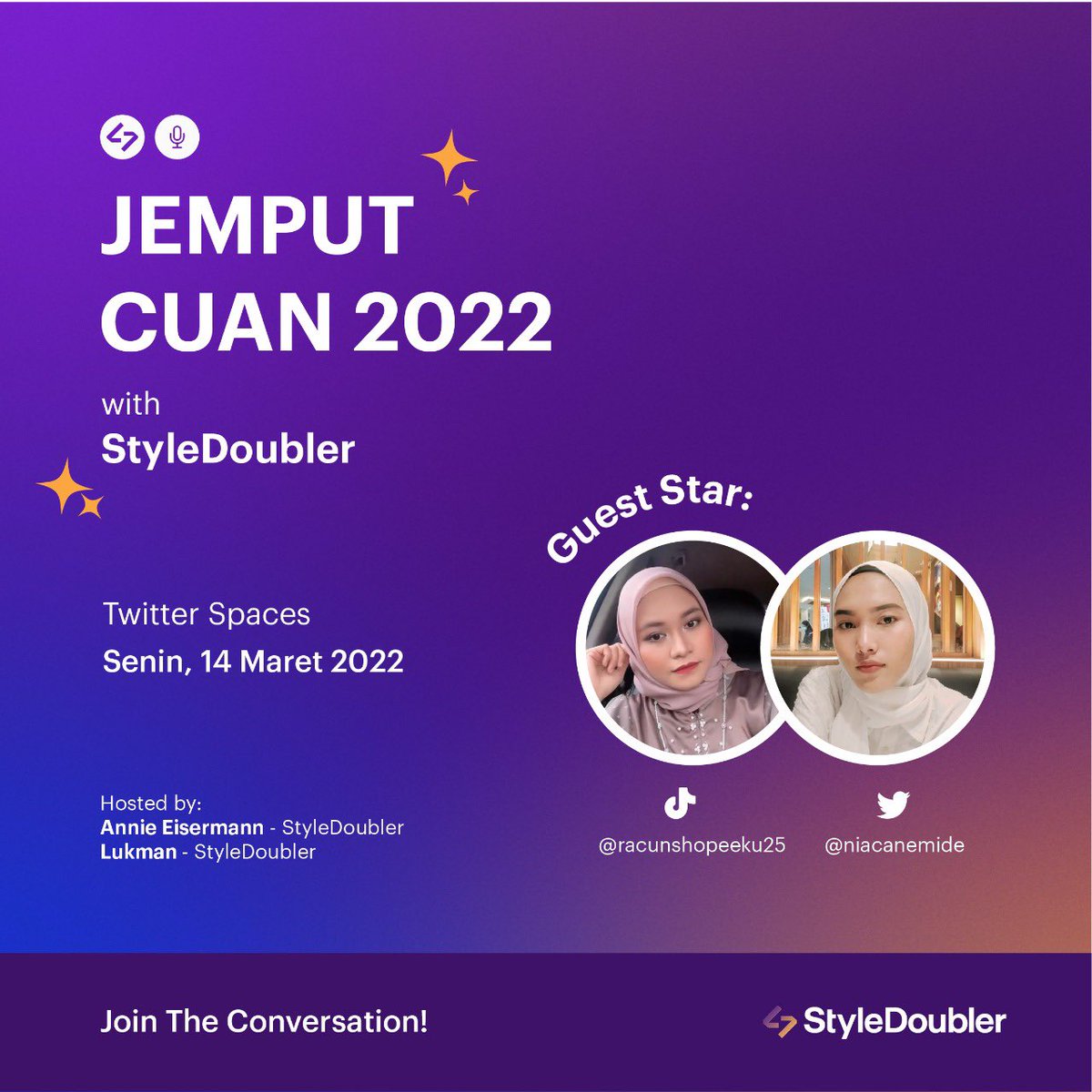 Haleuuuu StyleTroop!s! Kangen nggak sama minsist? kembali nih dengan Twitter Spaces membahas jemput cuan. Bareng dengan para narsum yang keren-keren, kita bakal ngobrol seru!
Spaces akan diadakan tanggal 14 maret jam 7 malam! 💕😆
See you!!