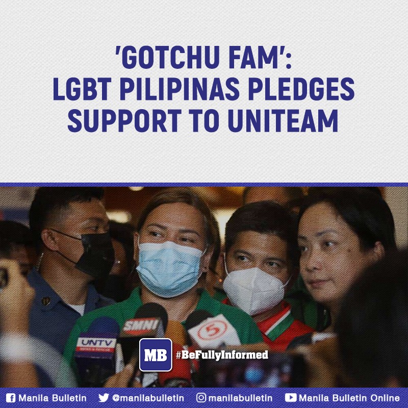 manilabulletin's tweet photo. The LGBT (Lesbian, Gay, Bisexual, Transgender) Pilipinas group has declared its support to the UniTeam tandem of presidential bet Ferdinand “Bongbong” Marcos, Jr., and his running mate Davao City Mayor Sara Duterte.

READ: https://t.co/XHH9wnPON6 https://t.co/BhNuJXCOAj