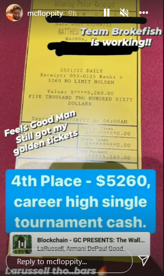 fish_broke's tweet photo. Congrats to @MattSoleyn on the cash last night and thanks to @McFloppity_Out and @CmonSonPoker Aka #TeamBrokefish https://t.co/std6BoEQ22