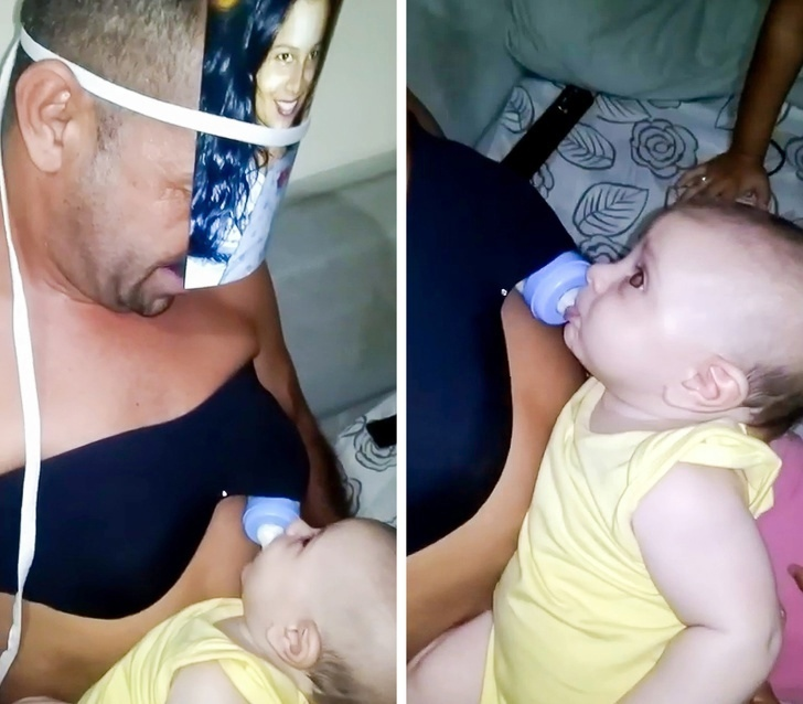 бутылочка для кормления детей. отец одиночка. мужская лактация. мама папа и малыш завтракают. папа кормит малыша из бутылочек.