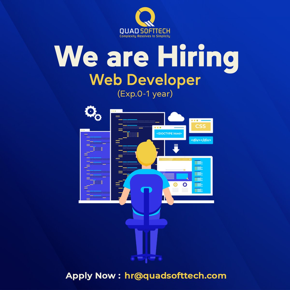 We are Hiring For A Web Developer. Quad Softtech is looking for 2 Web Developer, Having a Minimum Of 0 to 1 Year experience. Send Your CV to: hr@quadsofttech.com 
#QuadSofttech #WebDeveloper #Hiring #Job #Recruitment #Vacancy #JobVacancy #Appointment #Wanted #StaffRecruitment #