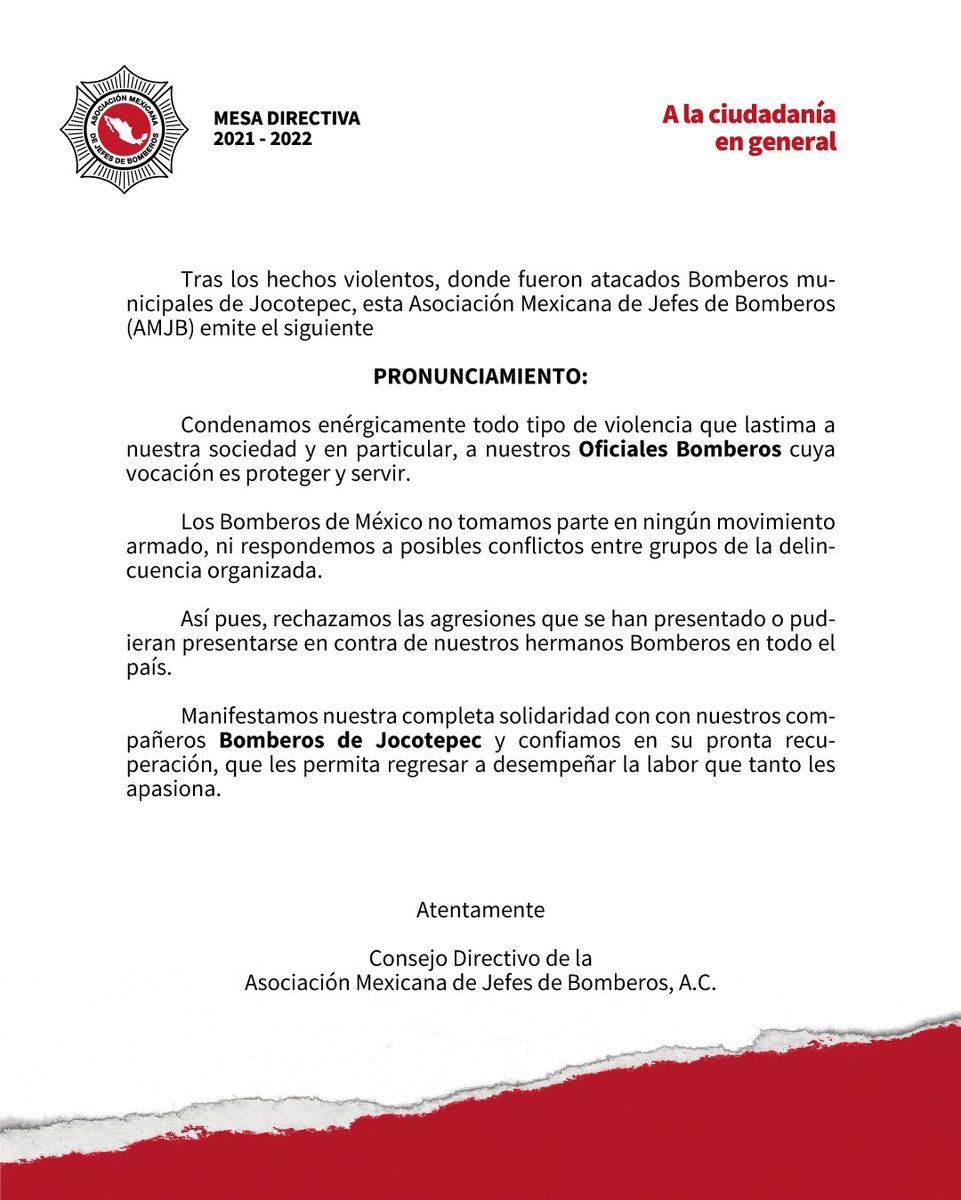 BomberosMexico1's tweet photo. 📝PRONUNCIAMIENTO OFICIAL

Condenamos toda agresión contra los Bomberos de México. 

@BomberosMexico1 
@sergioramloz https://t.co/dXsPB37EOl