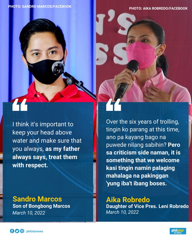 Sandro Marcos, son of Bongbong Marcos, and Aika Robredo, daughter of Vice President Leni Robredo, shared on News5 how they deal with bashers, especially during the campaign period. #BilangPilipino2022