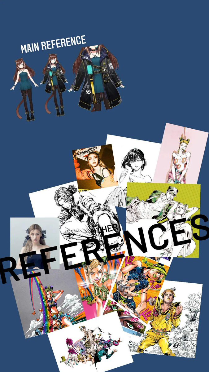 References came from the manga of JJBA Stone Ocean (mah girl Jolyne), Fubuki from OPM,  NOTTAMA, sungmomo, and specific photos of Ryujin and Yeji from Itzy