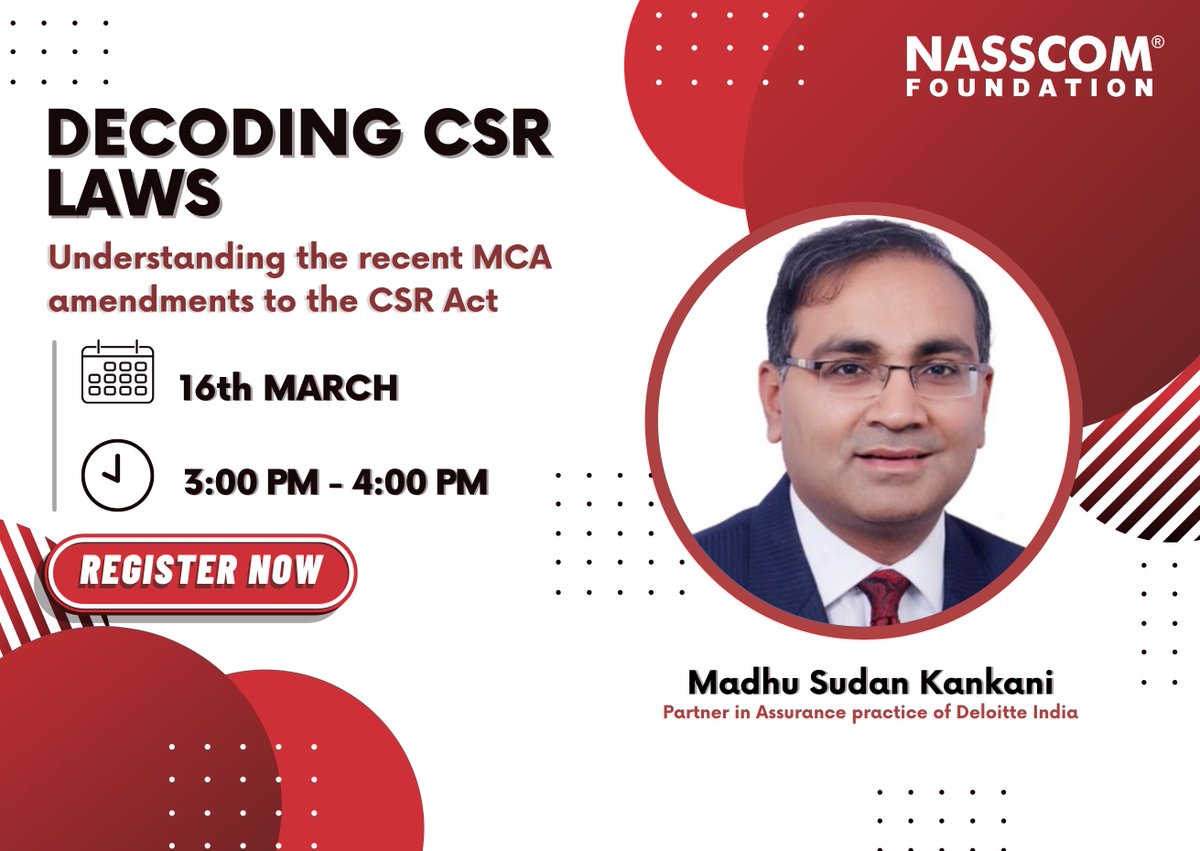 nasscomfdn's tweet photo. A thought-provoking panel discussion is coming up soon! Meet our first panellist - Mr Madhu Sudan Kankani, @DeloitteIndia

Session: Decoding #CSR Law 
Date: 16th March
Time: 3 PM - 4 PM
Register Now: https://t.co/kfIwW9A8Xx

#CSRact #CSRLaw #Tech #TechForGood #Impact #CSR_India https://t.co/rNOobFqefs