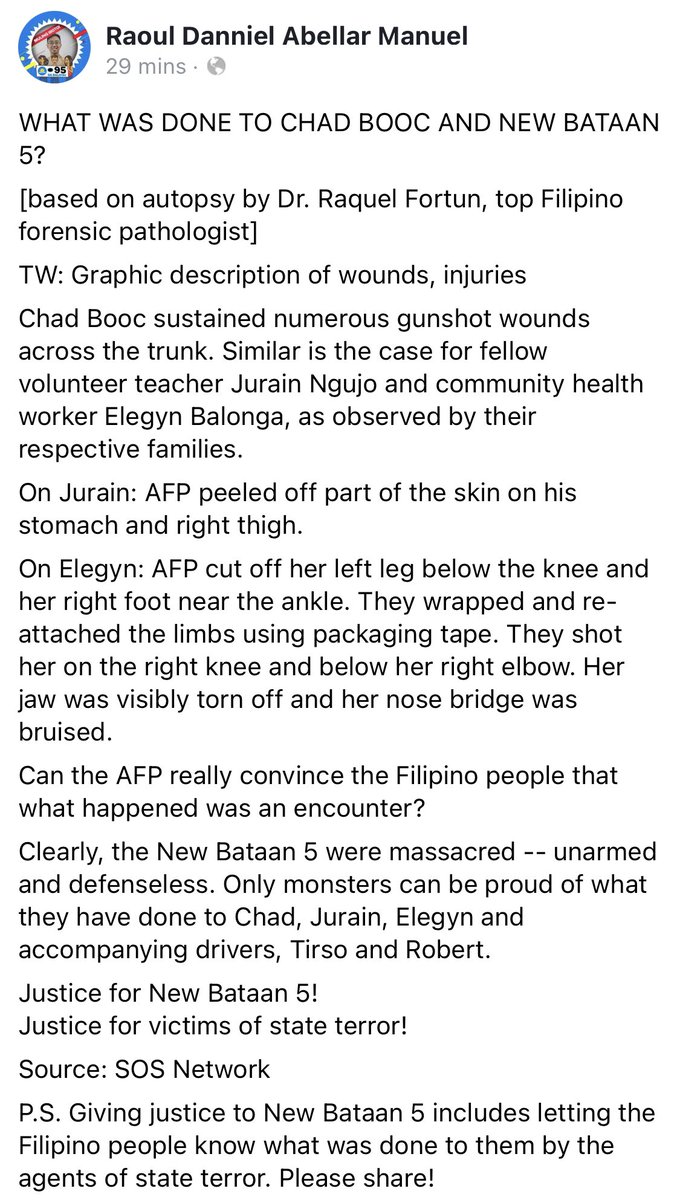 maykamaykaba's tweet photo. TRIGGER WARNING: Graphic description of wounds and injuries, murder

WHAT WAS DONE TO CHAD BOOC AND NEW BATAAN 5?

[based on autopsy by Dr. Raquel Fortun (@Doc4Dead ) , top Filipino forensic pathologist]

#JusticeForNewBataan5
#JusticeForChadBooc
#JusticeForTeacherJurain https://t.co/69Q5JcJwDG