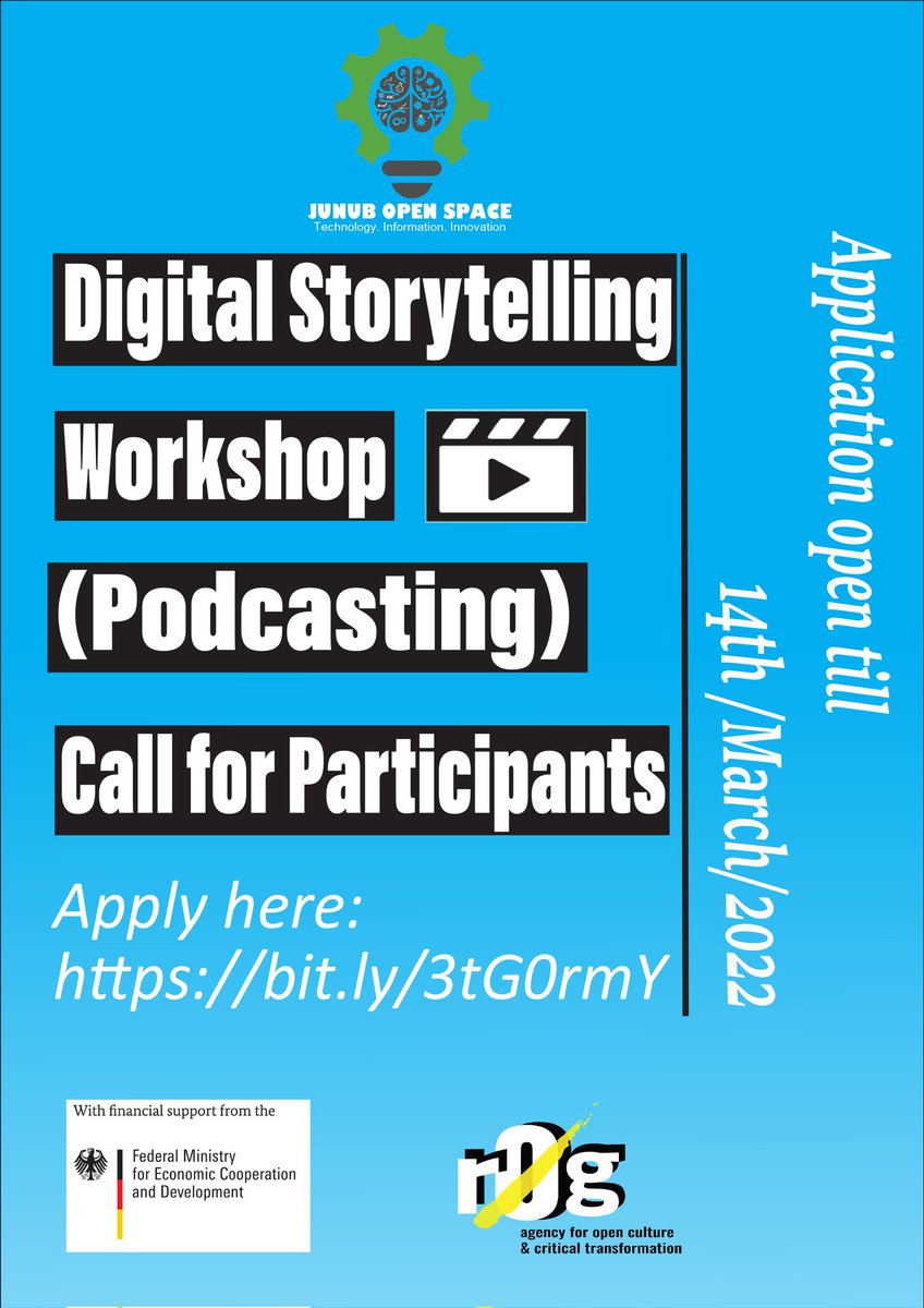 Call for applicants for digital Storytelling workshop. Apply here bit.ly/3tG0rmY 
 For the chance to get hands-on practical on podcasting.

The project is part of the Access to skills and knowledge Network (#ASKnet) <a href="/intertwilight/">r0g_open culture</a>  <a href="/BMZ_Bund/">Bundesentwicklungsministerium</a> 
#ASKnet #SouthSudan #SSOT