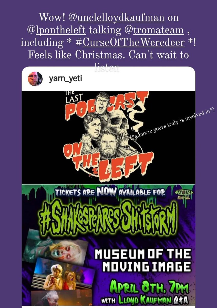 fantasy_shed's tweet photo. Yay! @lloydkaufman on @LPontheleft talks @Troma_Team including #CurseOfTheWeredeer, movie directed by #TotallyToonular cohost Ben Johnson! In fact all 4 cohosts o #NicoleLeoJamesBen are involved in the movie & many guests o the show including @adamson_jimmy #ShitHouseProductions https://t.co/kzsYEAxlcm