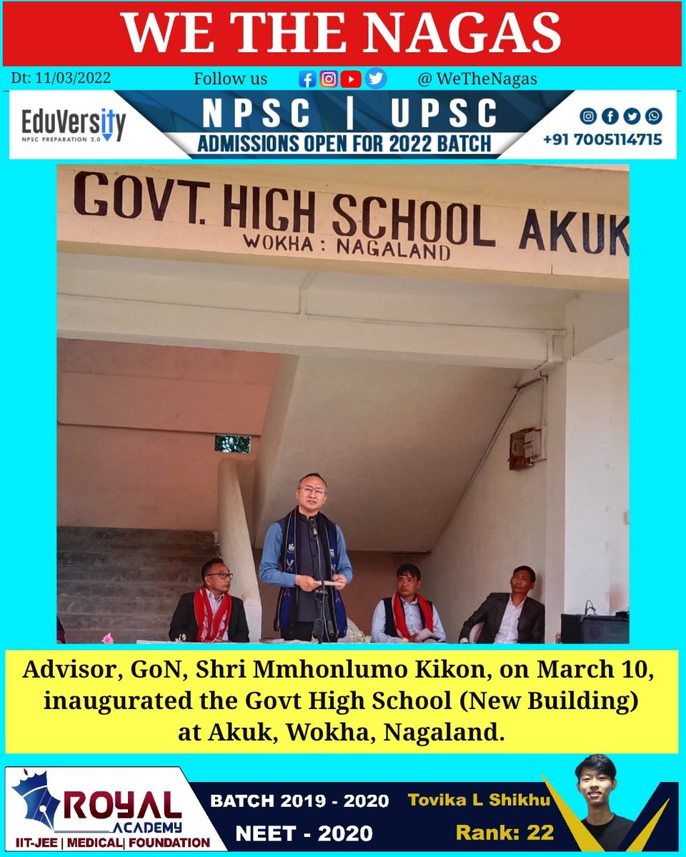 WeTheNagas's tweet photo. Advisor, GoN, Shri Mmhonlumo Kikon, on March 10, inaugurated the Govt High School (New Building) at Akuk, Wokha, Nagaland.
@wethenagas
#Nagaland #WeTheNagas @MmhonlumoKikon #Dimapur #Kohima #Akuk #Wokha https://t.co/LxBjyywoWC