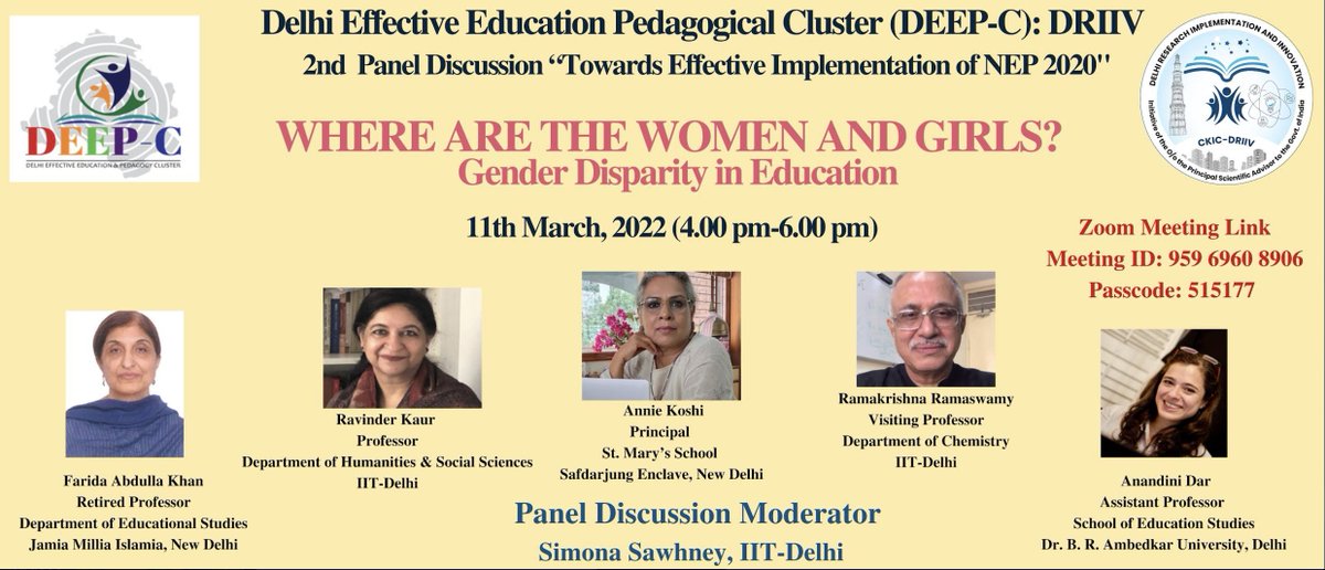 gilienv's tweet photo. With the #Delhi #Effective #Education &amp; #Pedagogy Cluster #DeepC, a Panel on Implementation of #NEP2020 #India:

Where are the #Women and #Girls? 
"Gender Disparity in Education"

Open to all, Mar 11, 4-6pm: Today.

Two of my favorite #teachers on the panel!

@VoicesofIndAcad https://t.co/bVTuD86OKu