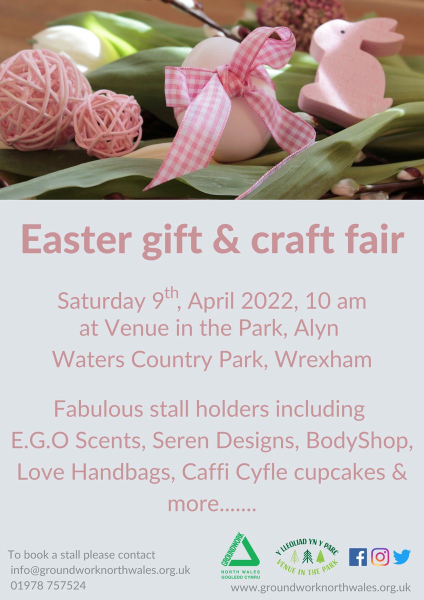 GwkNorthWales's tweet photo. We have an Easter gift and craft fair on April 9th at Venue in the Park, Alyn Waters Country Park.

Pop along and check out these great local stallholders for all those Easter treats.

#Wrexham #Event #Easter https://t.co/njmR3gokcl