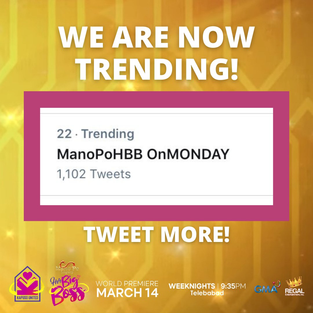 KapusoUnited's tweet photo. Our tagline is now trending! 

Tweet more mga Kapuso!

#MPLHerBigBoss
ManoPoHBB OnMonday
@RegalFilms @RighteousLeftst @bianxxxxxa @ManoPoLegacy https://t.co/Ri7j6vWEQ7