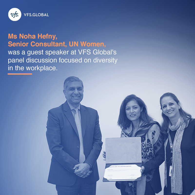 VFSGlobal's tweet photo. “Business leaders must be conscious of their biases, be purpose-driven, &amp; leverage the strength of diversity in decision making," said Ms Noha Hefny, Senior Consultant, UN Women, at VFS Global's panel discussion as part of the International Women's Day celebrations. https://t.co/DYlCYp49td