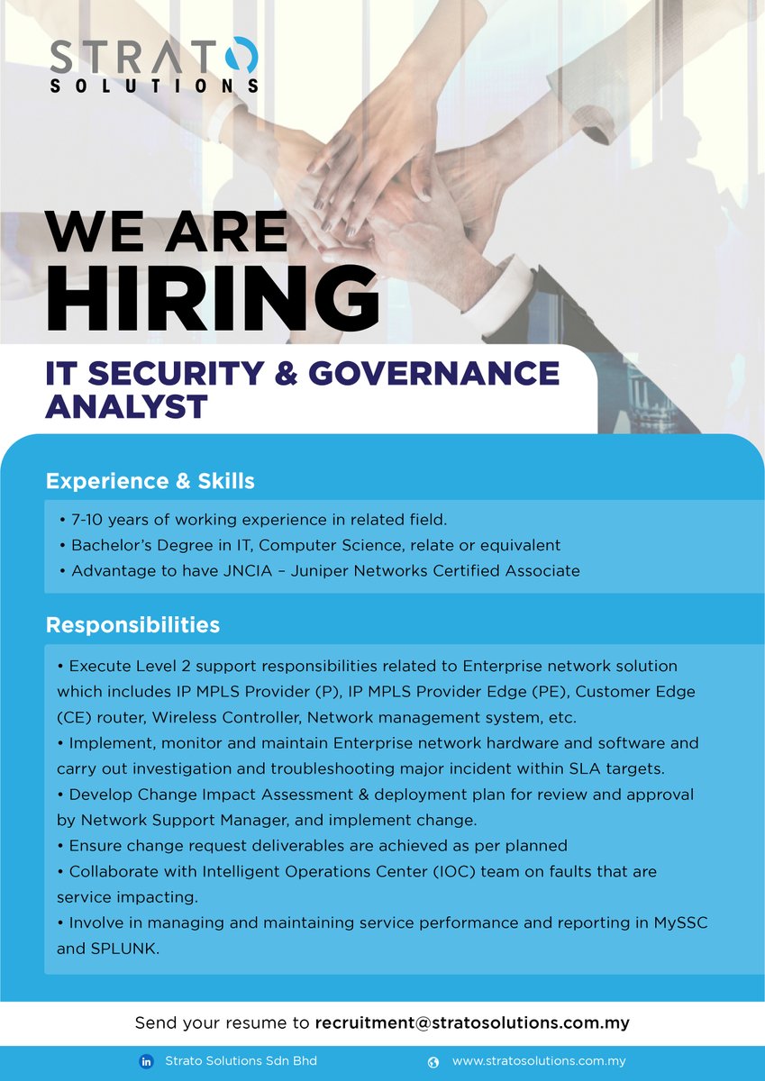 twitStrato's tweet photo. We are hiring 🖥️ If interested please send us your updated cv to recruitment@stratosolutions.com.my https://t.co/lEEq8AQ382