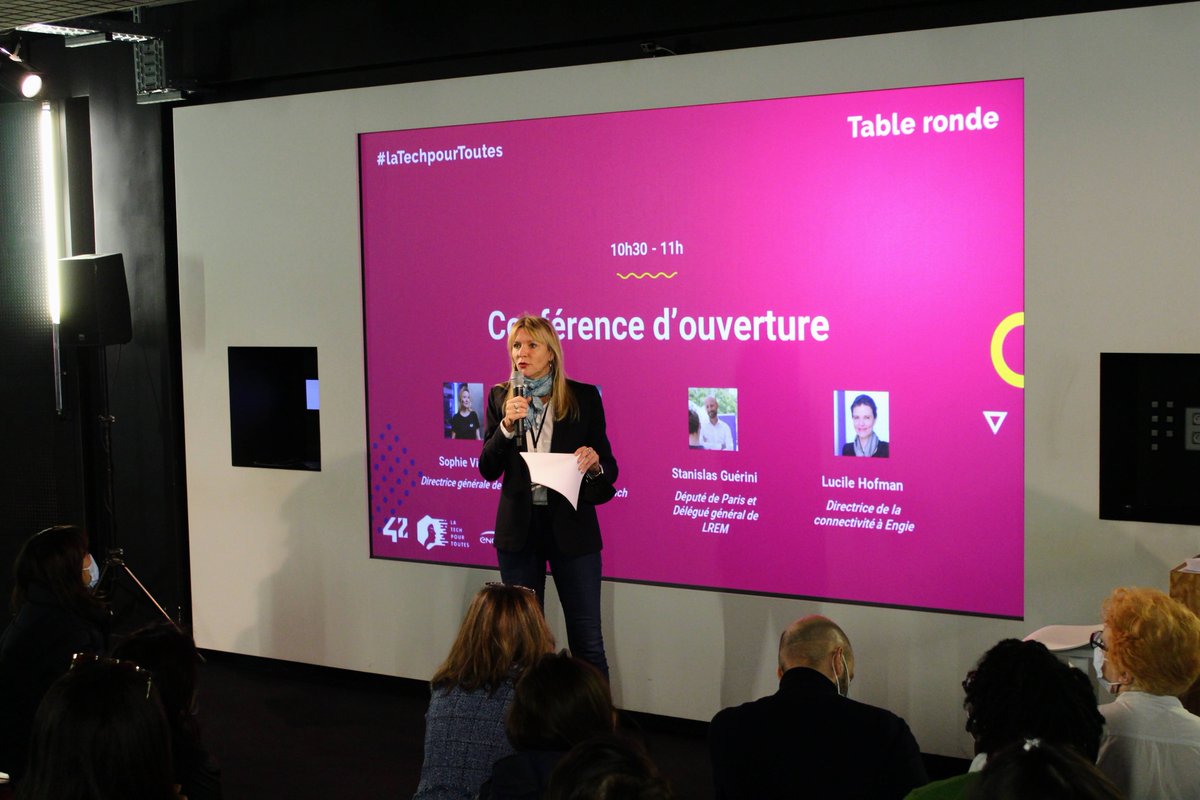 Ça commence tout de suite : conférence d’ouverture de #laTechPourToutes, avec <a href="/sophieviger/">sophieviger</a> <a href="/42born2code/">42 Paris</a>, ClaraChappaz @lafrenchtech, <a href="/lhofde/">Lucile Hofman</a> @ENGIEGroup et <a href="/StanGuerini/">Stanislas Guerini</a> !