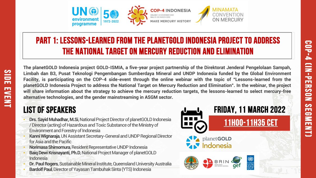 minamataMEA's tweet photo. 🔜 The first two pre-#MinamataCOP4 events of today, "Lessons learned from the planetGOLD Indonesia project" &amp; "Engaging the ASGM &amp; coal energy sector towards a mercury-free Indonesia", start at 11h00 CET.

✔️Register: https://t.co/6yHaBA8522
✔️Watch live: https://t.co/Tu1DwOZjeL https://t.co/3wMNoTfxFX