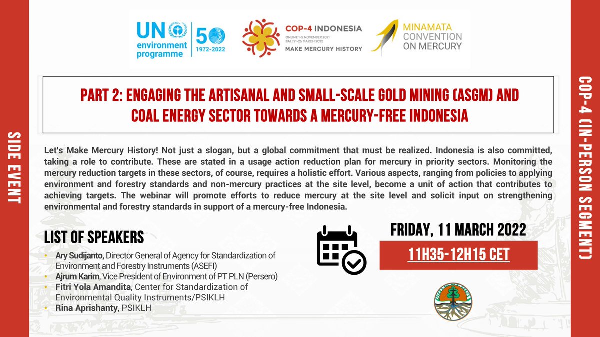minamataMEA's tweet photo. 🔜 The first two pre-#MinamataCOP4 events of today, "Lessons learned from the planetGOLD Indonesia project" &amp; "Engaging the ASGM &amp; coal energy sector towards a mercury-free Indonesia", start at 11h00 CET.

✔️Register: https://t.co/6yHaBA8522
✔️Watch live: https://t.co/Tu1DwOZjeL https://t.co/3wMNoTfxFX