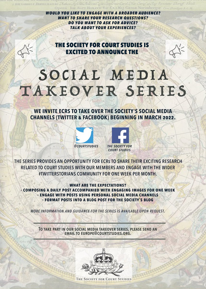CourtStudies's tweet photo. We are delighted to announce a new initiative for postdocs &amp; ECRs! We want to help promote their relevant research on court studies! Please share widely. All queries should be sent to @mirellamarini1 or via email. #twitterstorians #courtstudies https://t.co/DxCgaV3fA0