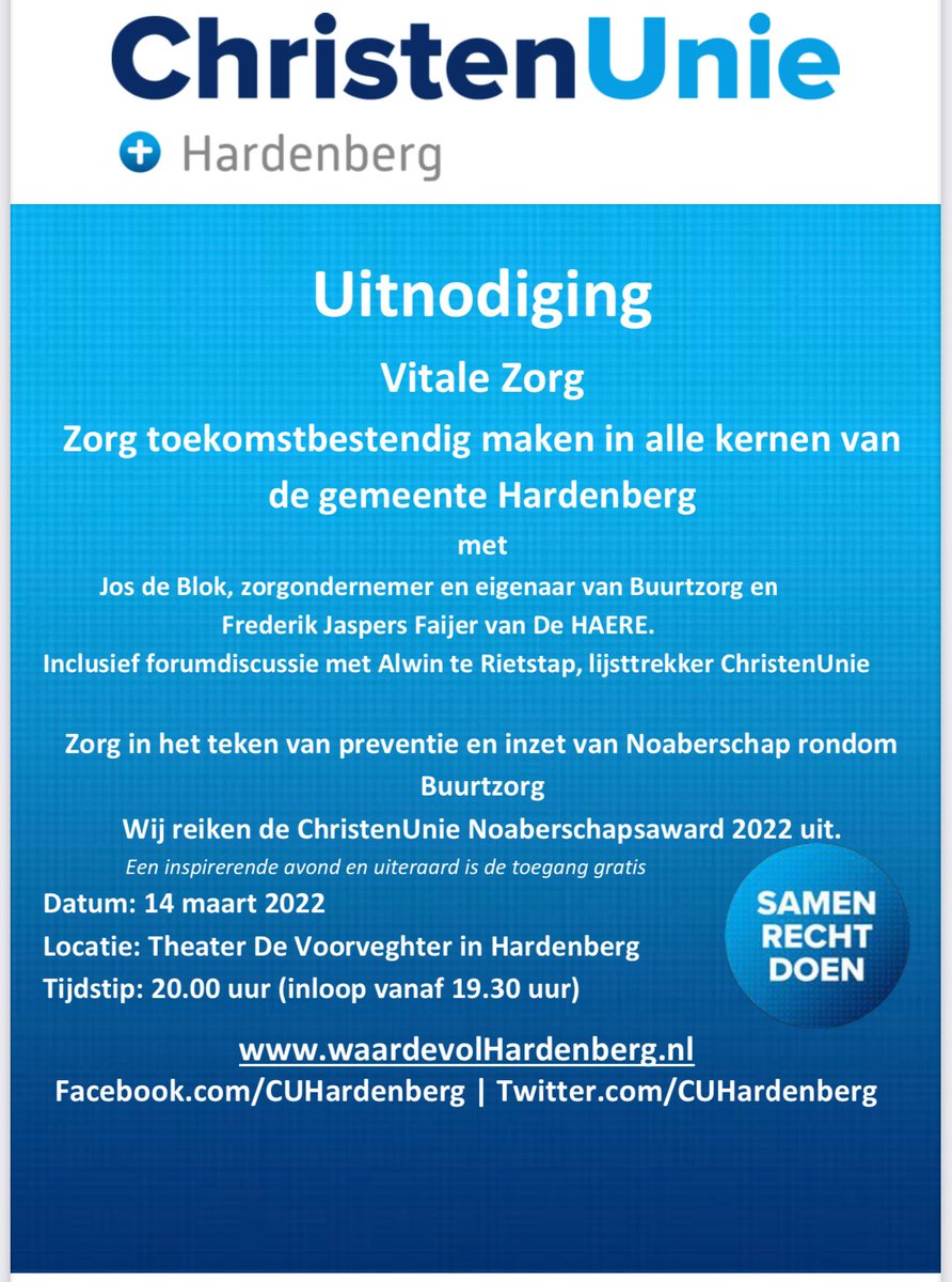 HansOdink's tweet image. Maandagavond 14 maart a.s. een boeiende avond over Vitale Zorg en mooie visie op Noaberschap voor al onze inwoners. Met @josdeblok en Frederik Jaspers Faijer van @dehaere en @AlwinteRietstap . Gratis entree en inloop vanaf 19.30 uur in @DeVoorveghter.