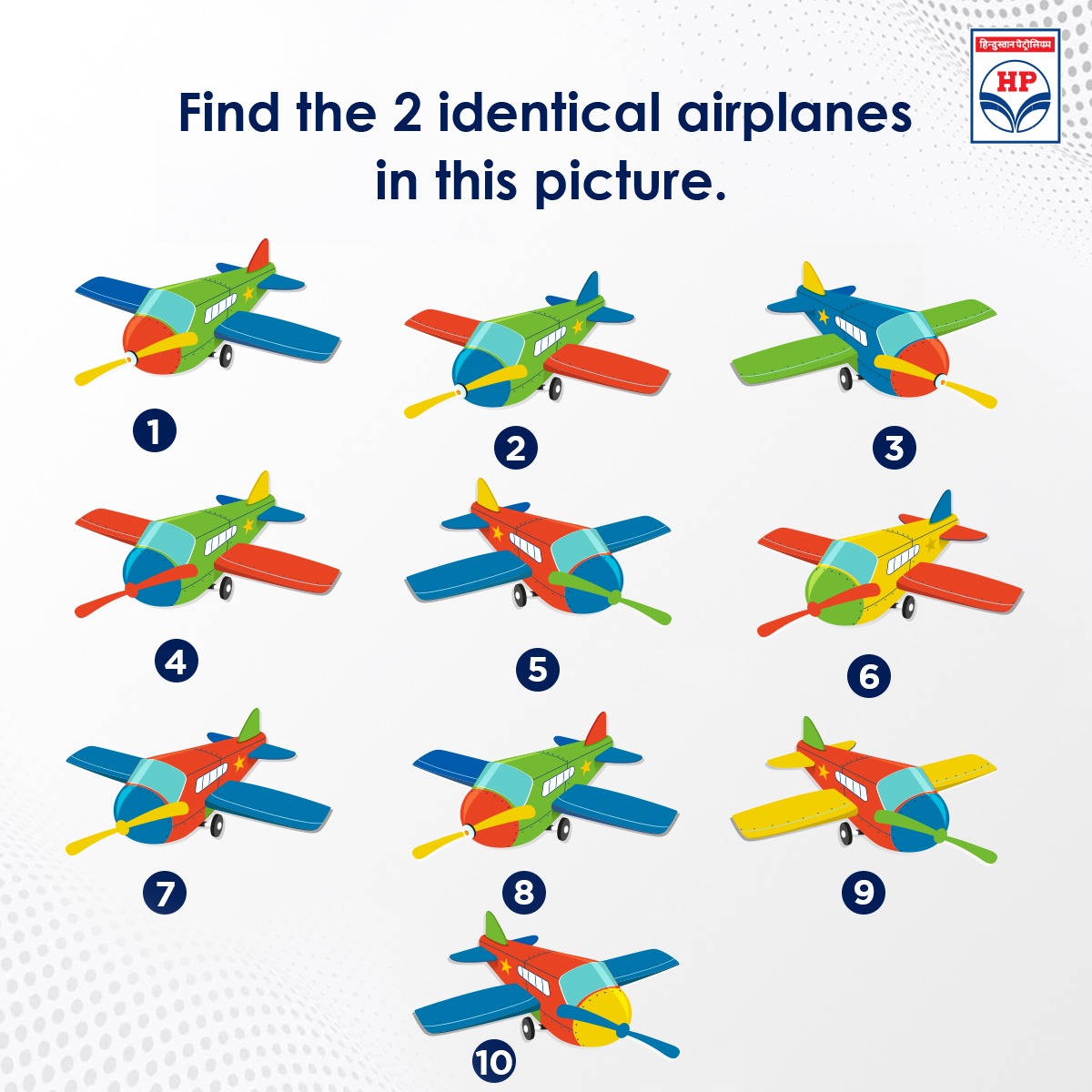 HPCL's tweet photo. Let’s see how good you are at finding similarities! Only 2 of these 10 airplanes are exactly identical. Can you find them? Comment your answers!

#Quiz #Identical #Airplanes #QuizTime #HPCL https://t.co/zQRIFhwjSY