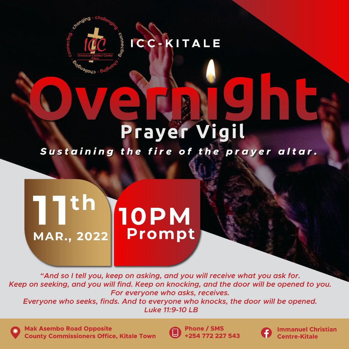 icc_kitale's tweet photo. Sustaining the fire of the altar of prayer. 
Join us for a night of seeking in a night of prayer vigil.

#GraceForExploits
#MovingForwardInObedience 
#YearOfExpansiveGrowth https://t.co/5kGAwqZhNn