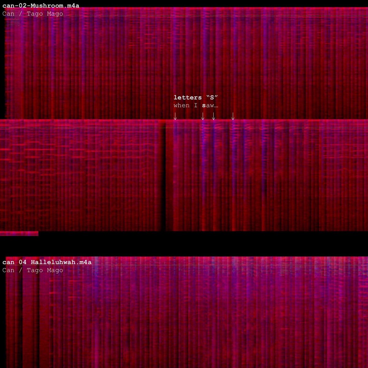 #sonicvision
frequency spectrum is divided in 3 portions (rgb) then each portion is divided in a number of samples that are mapped to create colors of a pixel column. x axis is time
the emerging patterns reveal a lot about the construction of the compositions / noises
~
 <a href="/p5xjs/">p5xjs</a>