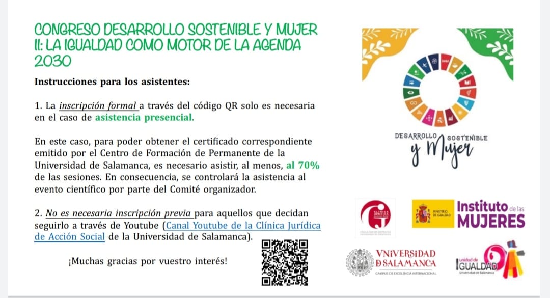 🆕Actualizamos información😊
Congreso Desarrollo Sostenible y Mujer II: la igualdad como motor de la Agenda 2030💜🌎👩🏻
📅 21-22 de abril
💙INSCRIPCIÓN: bit.ly/3I4qlWO
🟣Página web del evento: bit.ly/3pWmd53 
<a href="/clinicaJASUsal/">ClínicaJurídica USAL</a> <a href="/IgualdadUSAL/">Unidad de Igualdad</a> <a href="/InstMujeres/">Instituto de las Mujeres</a>