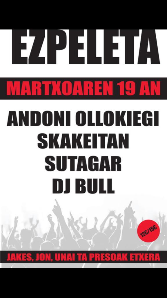andoni_o's tweet photo. BUENO BUENO BUENOOO! Badator presoen aldeko kontzertua!!! #Skakeitan #DjBull @SUTAGARofizial https://t.co/9tDnohC6XU