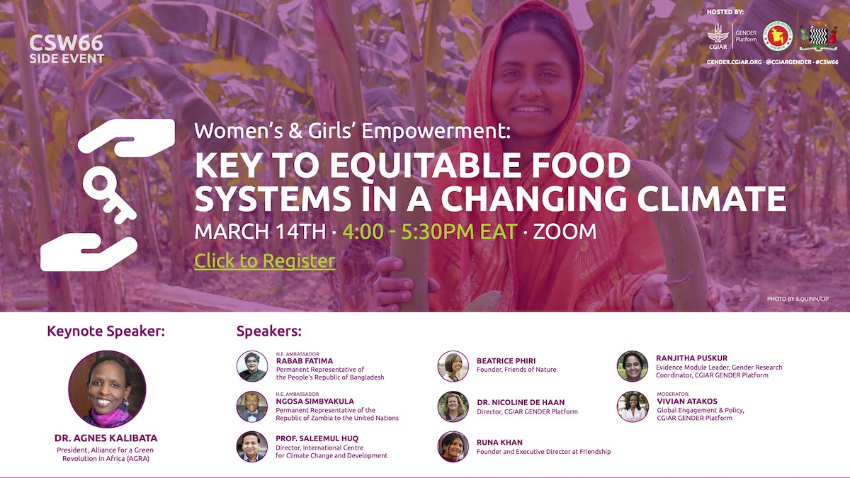 IITA_CGIAR's tweet photo. Women are often stereotyped as victims of the impacts of climate change, but the root causes of their vulnerability are ignored. How can we do better?
Learn more at this event:
https://t.co/mlXaFS9C70
#GenderinAg #CSW66 #CGIARgender https://t.co/9Bqqa1OFTM
