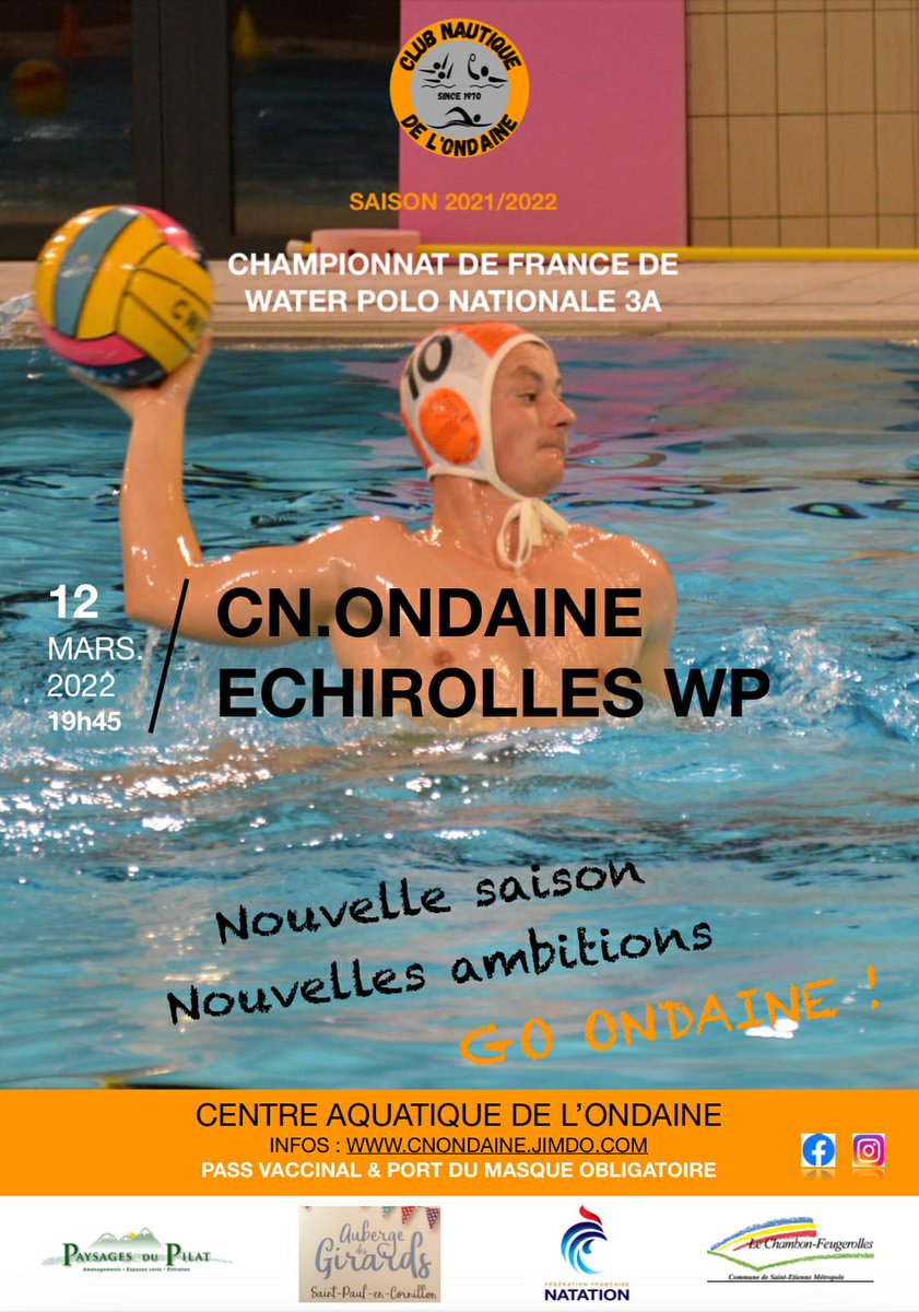 Le Club Nautique de L'Ondaine reçoit samedi 13-03-22 à 19h45 au Centre Aquatique de L'Ondaine Echirolles water-Polo.Venez nombreux encourager les poloïstes du CNO.Malgré 2 défaites consécutives, le groupe doit absolument remporter la victoire Samedi.Pas le droit à l'erreur !!!