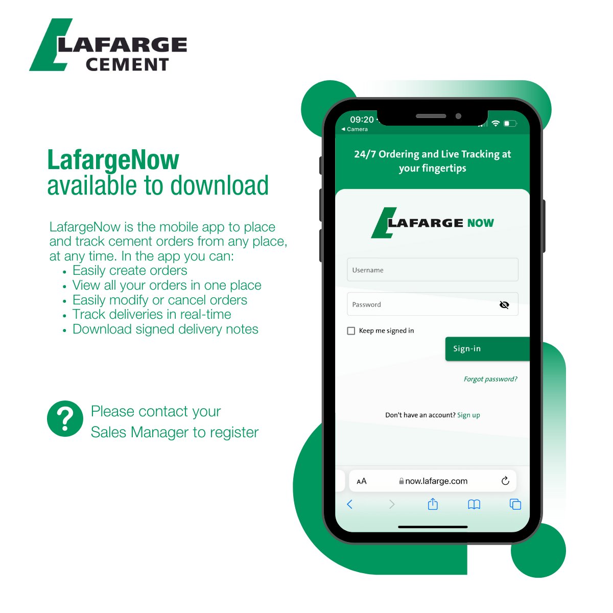 Holcim_UK's tweet photo. Have you seen our online #cement ordering system? You can now place and track orders at any point with the brand new LafargeNow app. To get set up and see all your orders in one place, all you need to do is contact your sales manager today! 📲: https://t.co/nLBXeay9Ig https://t.co/HQ0kekorf9