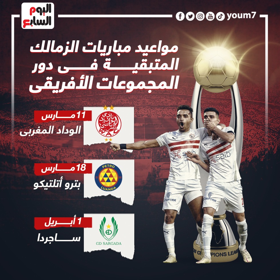 مواعيد مباريات #الزمالك المتبقية فى دور المجموعات بـ #دوري_الأبطال