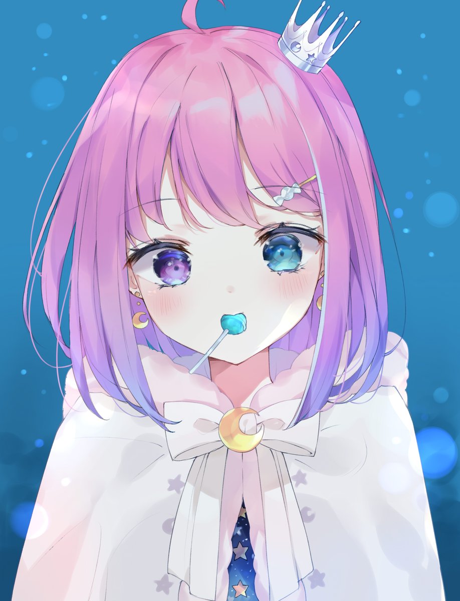 himemori luna 1girl solo crown heterochromia food candy pink hair  illustration images