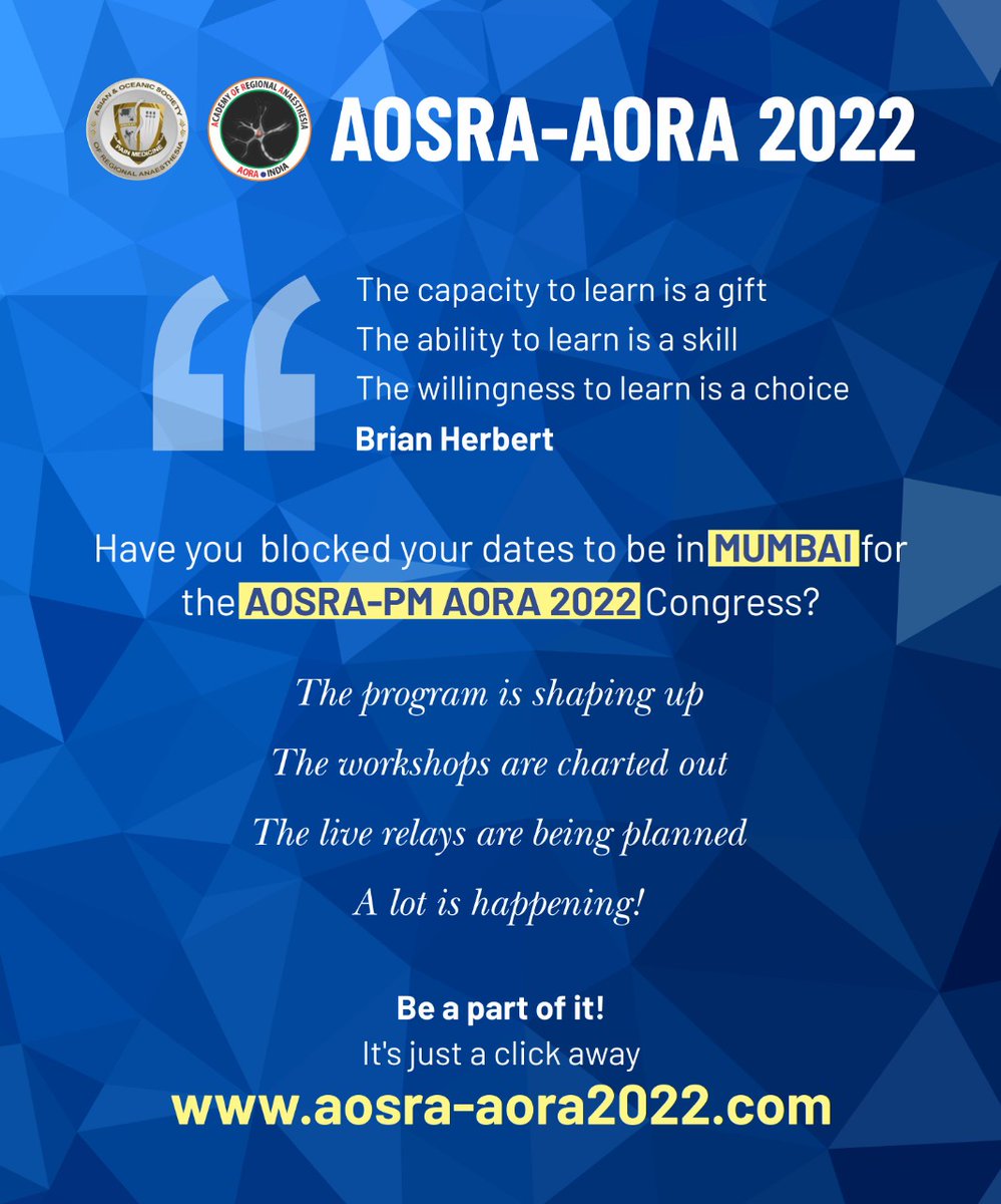 AoraIndia's tweet photo. Book your dates to be in Mumbai for the AOSRA-PM AORA 2022 Congress.
#Painfreeworld #anaesthesia #aora https://t.co/tMtVphVcKH
