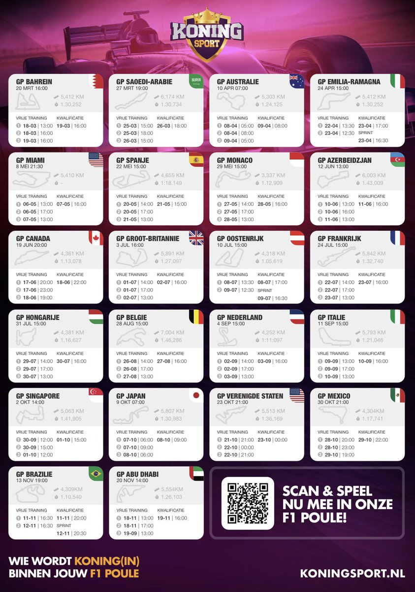 KoningSport's tweet photo. Het Formule 1🏎 seizoen staat op het punt van beginnen. Wil je geen race🏁 missen? Download snel onze racekalender via https://t.co/3KOTcPGNRs #F1Testing #viaplaysportsnl #f1 #DriveToSurvive #MaxVerstappen #LewisHamilton #Formula1 https://t.co/HCBlmVTurd