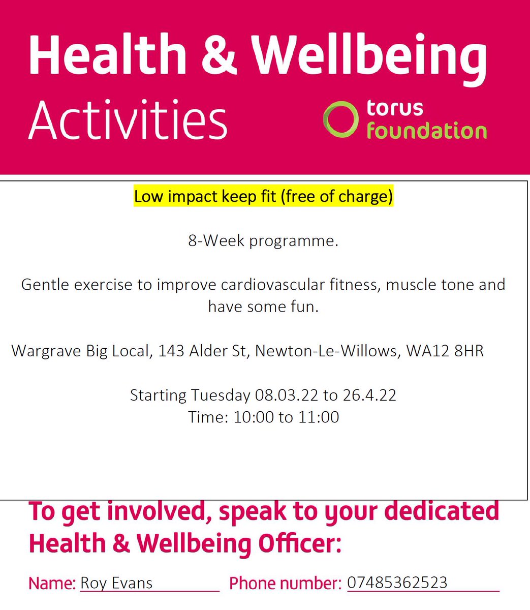 New Free!! daytime exercise class every Tuesday 10am  at The Wargrave Hub. Join Roy for a low impact workout all are welcome. 
To book your place contact Roy on  07485362523 or just turn up

#exercise #gentleexercise #wargrave #newtonlewillows #letsgetmoving <a href="/TorusFoundation/">Torus Foundation</a>
