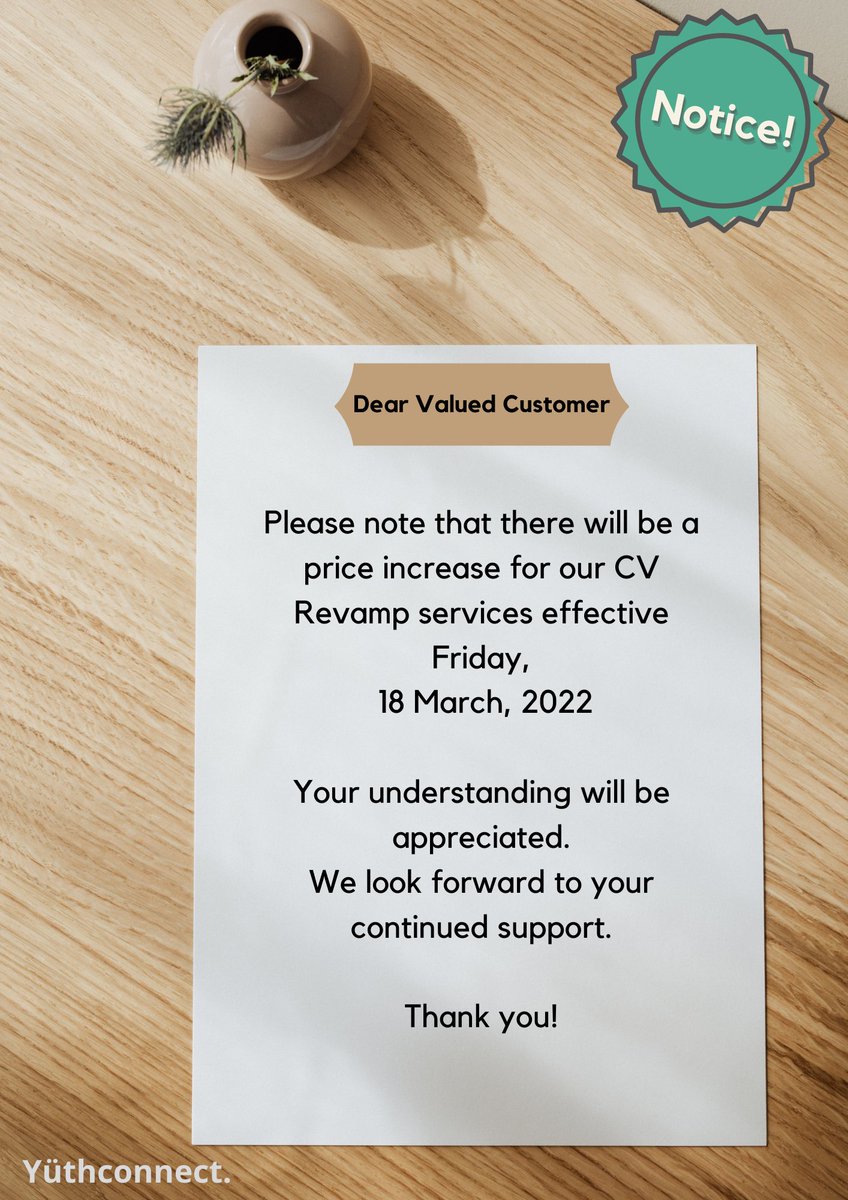 yuthconnect's tweet photo. 📋📣Hey Everyone!

Please note that there will be a price increase for our CV Revamp services effective Friday, 18 March, 2022

Your understanding will be appreciated.
We look forward to your continued support.

Thank you!
#Jobseekerssa #JobAdviceSA #JobseekersWednesday https://t.co/qEQ5AejbG6