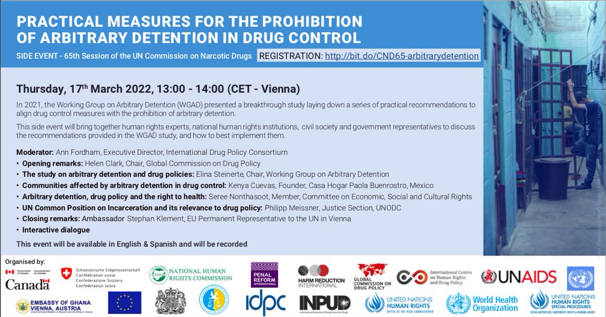 Join us &amp; partners next week to discuss the recommendations provided in the UN WGAD study on arbitrary detention &amp; #drugpolicy, and how to best implement them. 
#CND65

📆 Thur, 17 March
⏰ 13:00-14:00 (CET)
🗣️ English &amp; Spanish

Register &amp; find out more: bit.ly/3vYoqkf