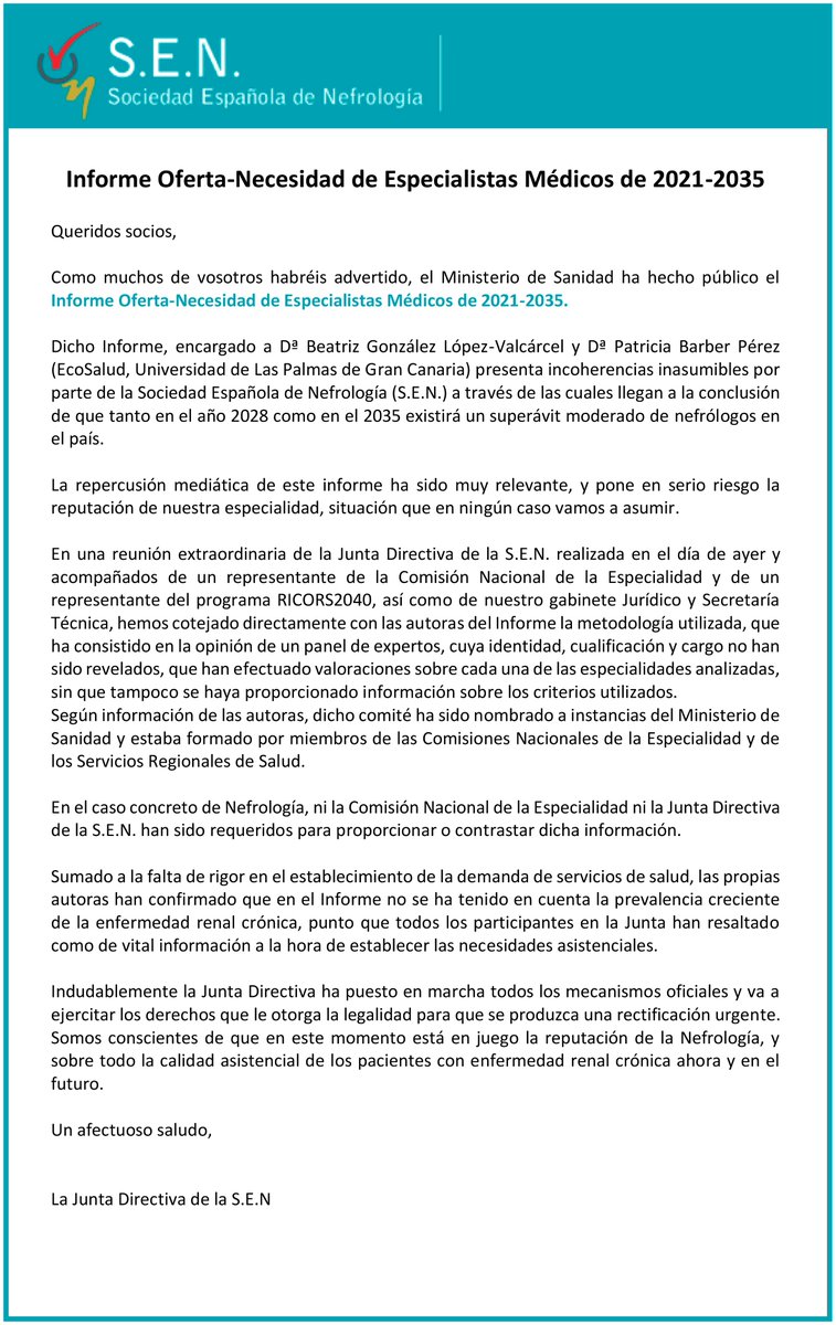 SENefrologia's tweet photo. 📍Posicionamiento de la Junta Directiva de la S.E.N. frente al Informe Oferta-Necesidad de Especialistas Médicos de 2021-2035 → https://t.co/k4iU6aNPvD https://t.co/L9UCfNnKbm